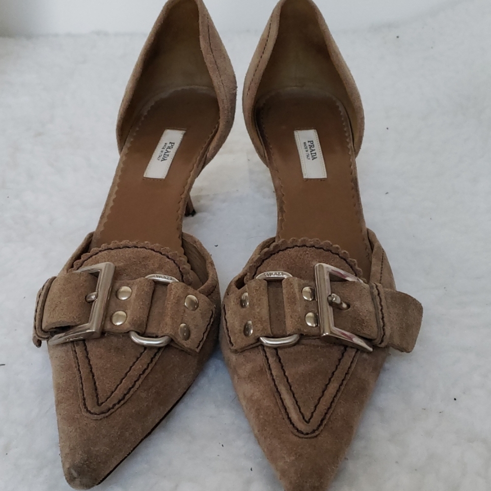 Prada D'Orsay suede kitten heel buckle pumps